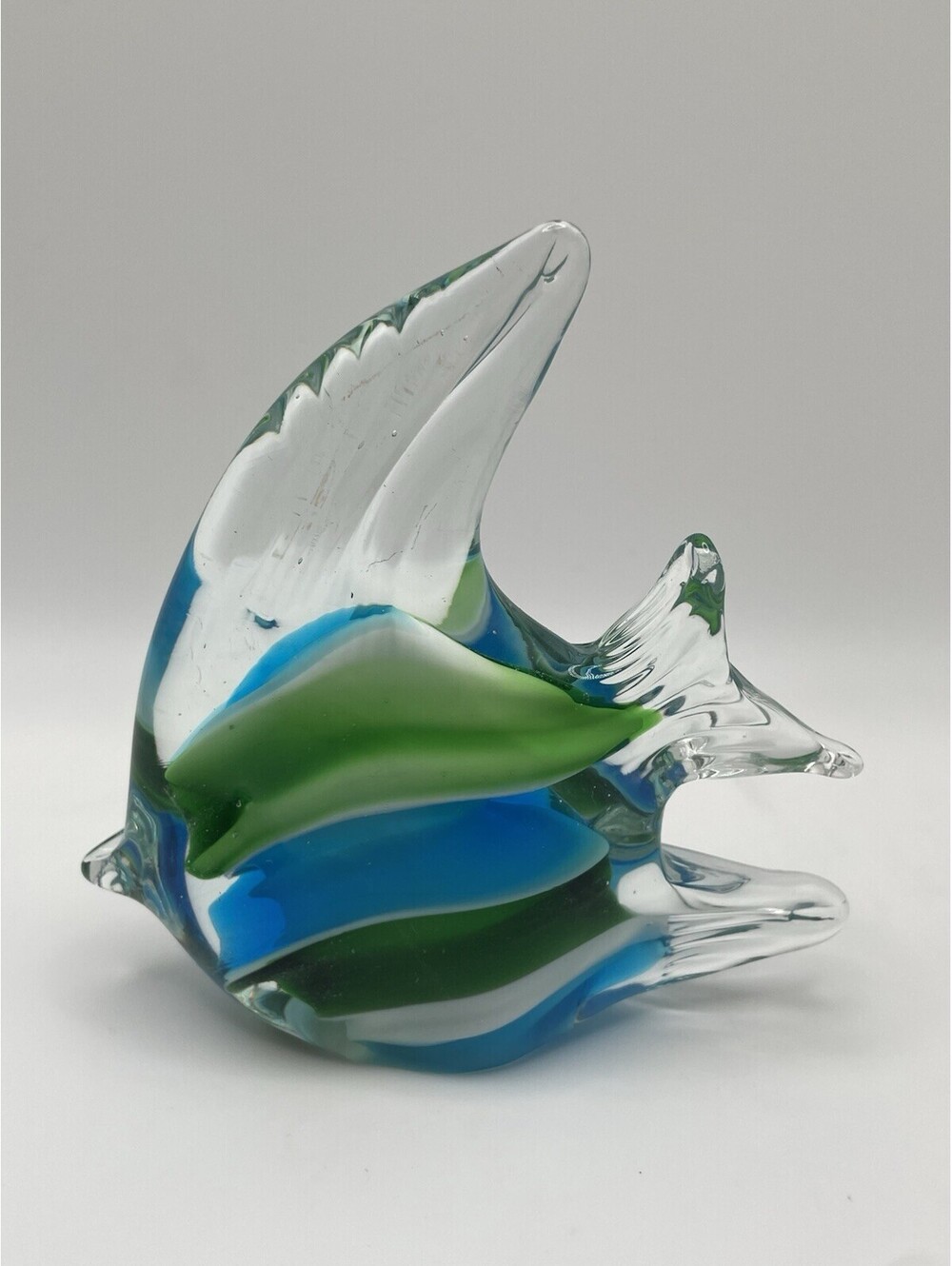 Vtg Murano Style Blue and Green Glass Art Tropical Fish Paperweight 4.5x4.5” in